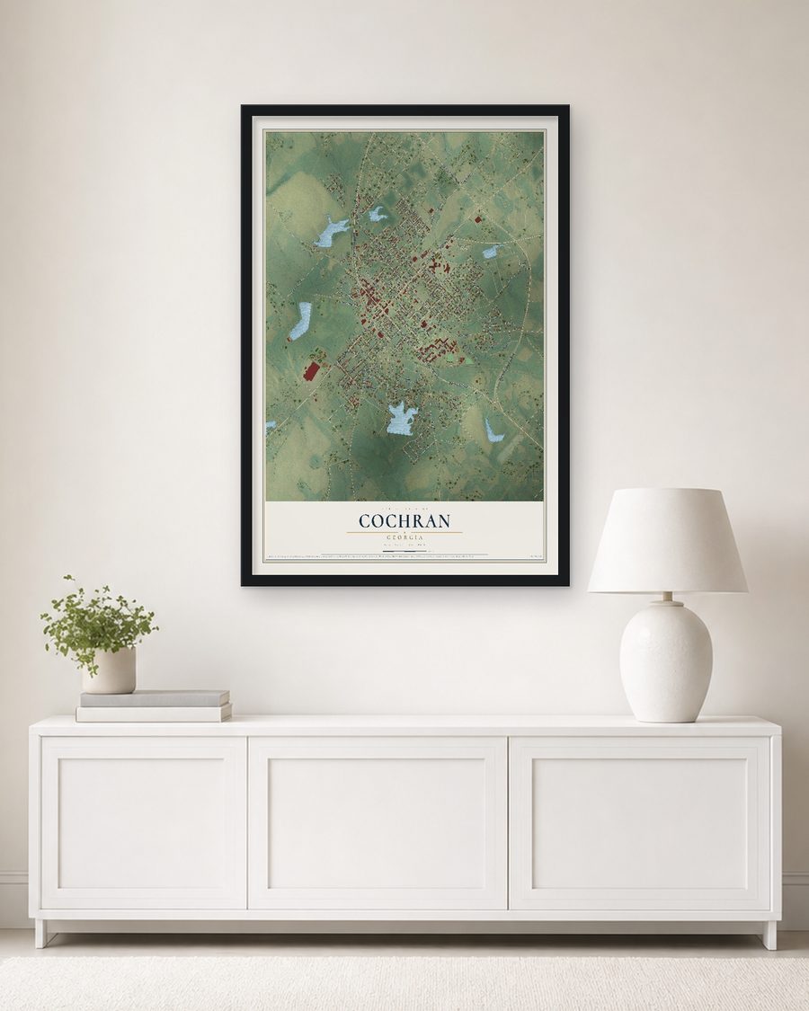 The Cochran, Georgia map, 24 x 36 in, in a black wood frame on a living room wall