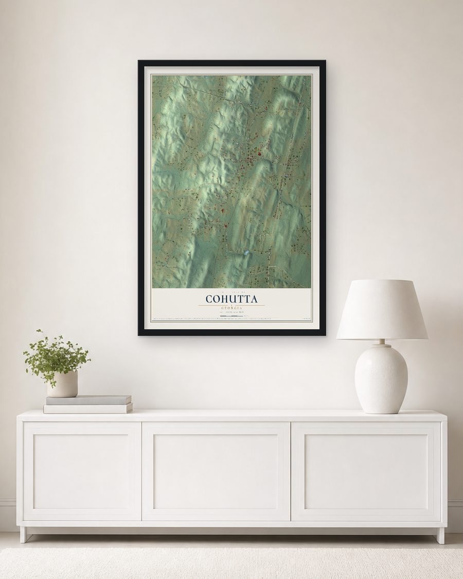 The Cohutta, Georgia map, 24 x 36 in, in a black wood frame on a living room wall