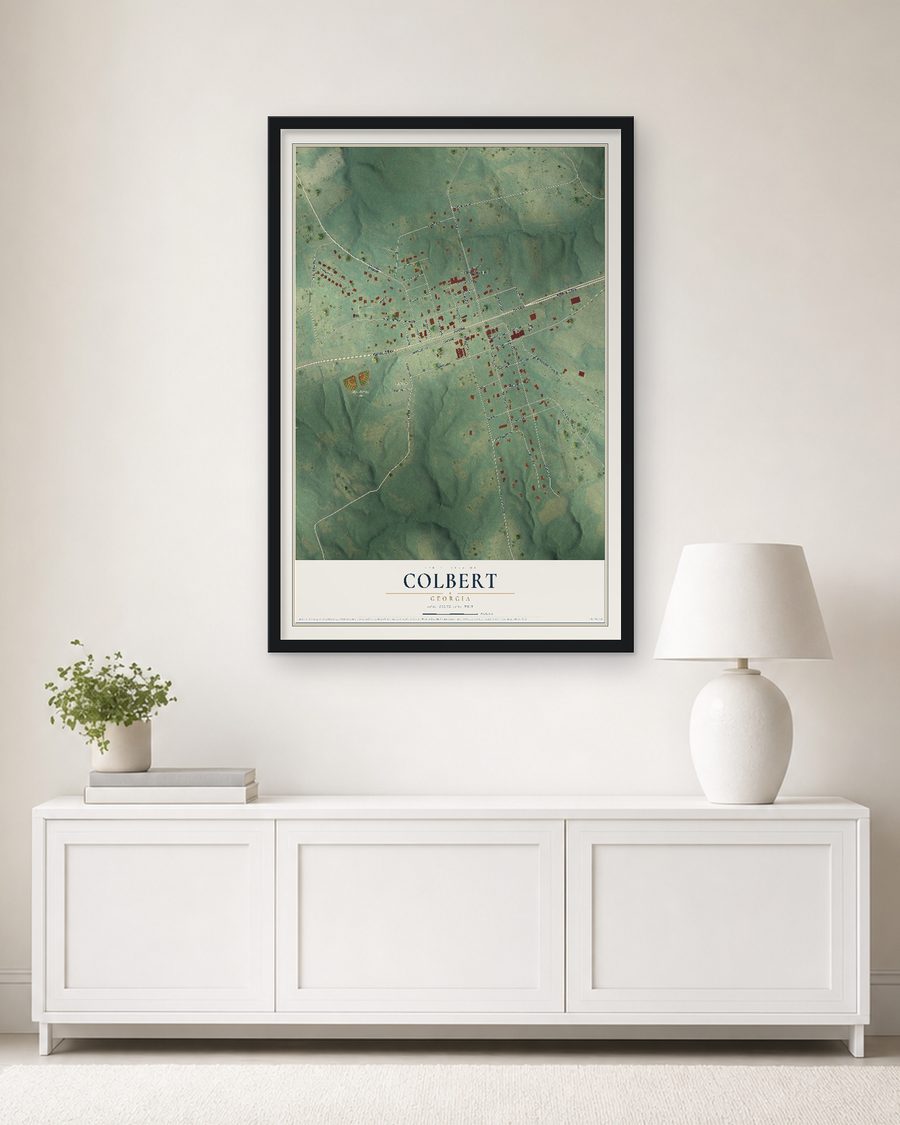 The Colbert, Georgia map, 24 x 36 in, in a black wood frame on a living room wall