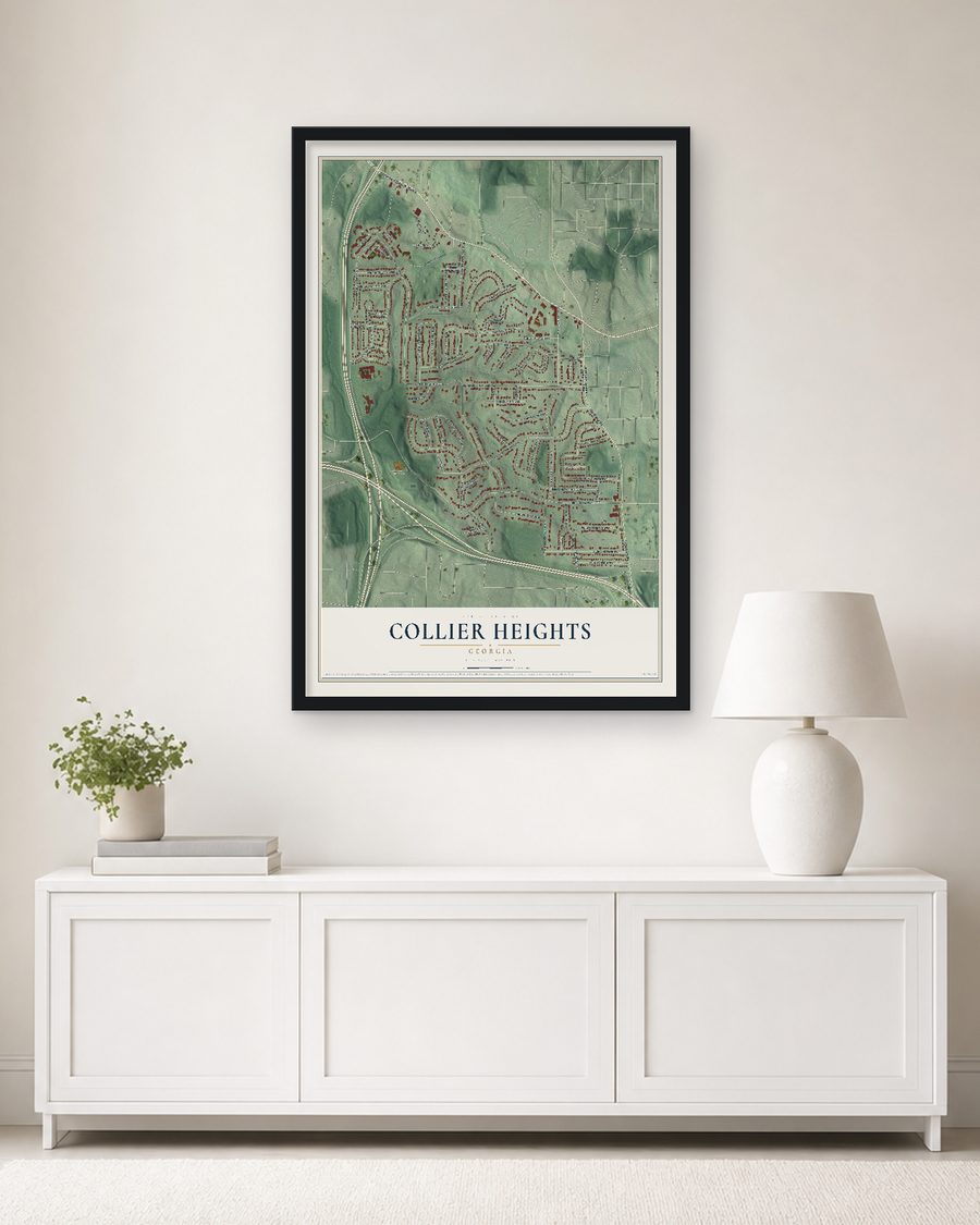 The Collier Heights, Georgia map, 24 x 36 in, in a black wood frame on a living room wall
