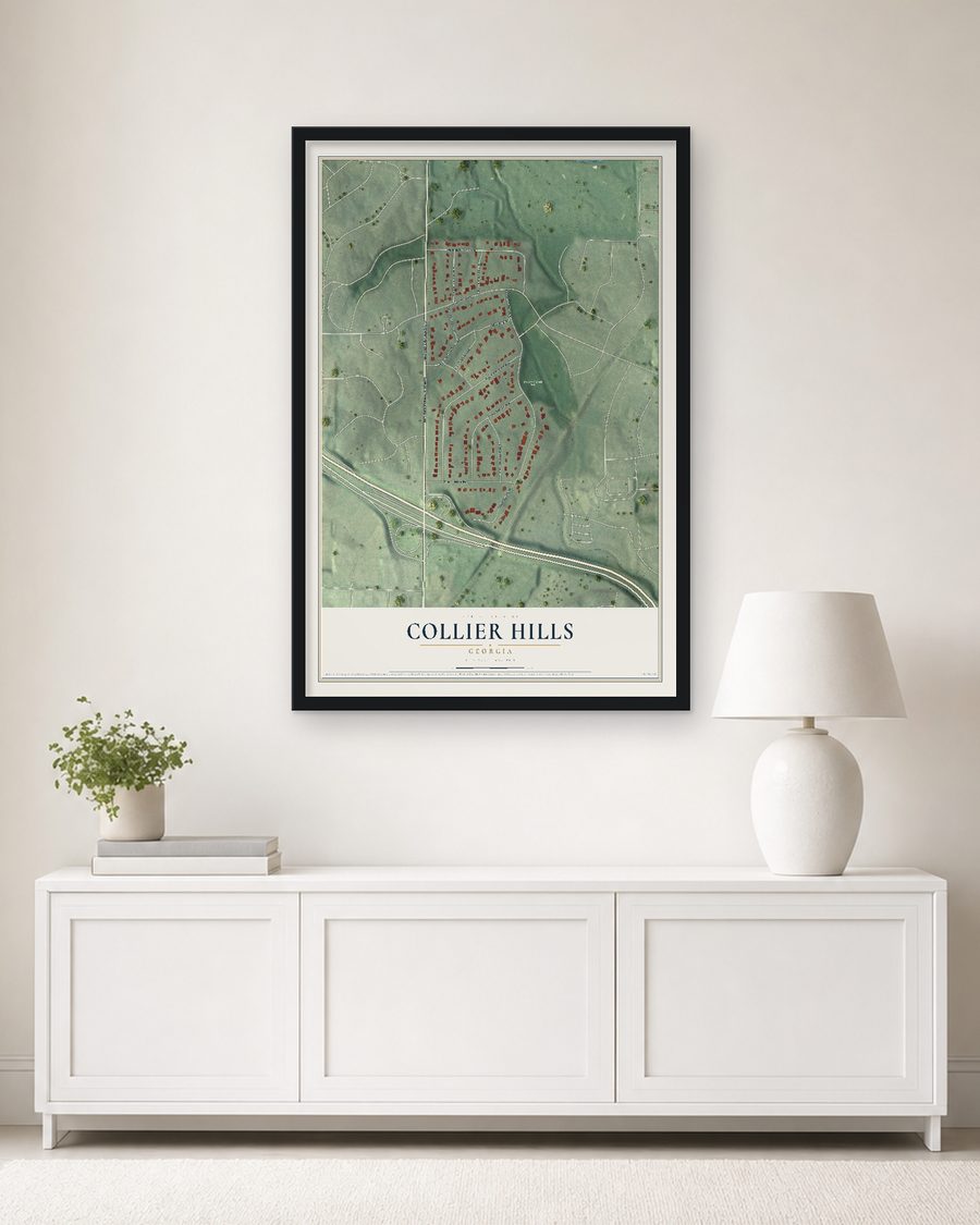 The Collier Hills, Georgia map, 24 x 36 in, in a black wood frame on a living room wall