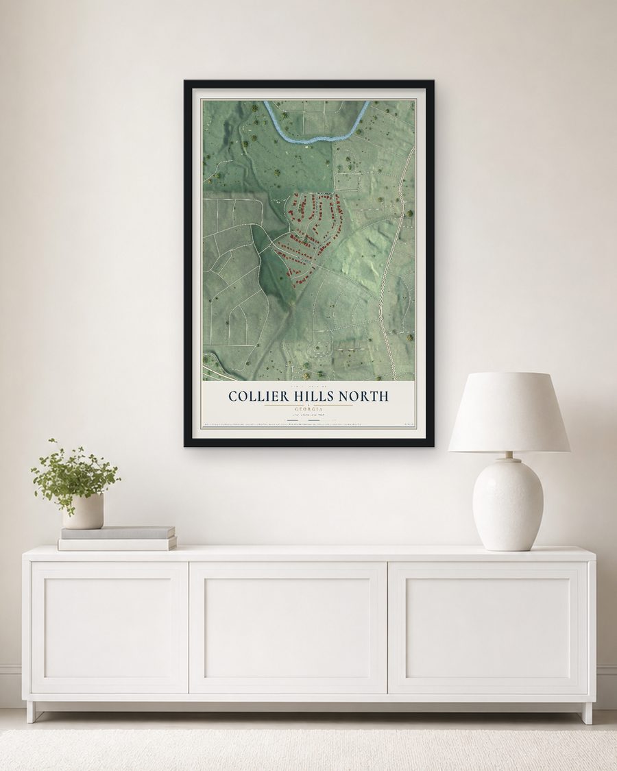 The Collier Hills North, Georgia map, 24 x 36 in, in a black wood frame on a living room wall