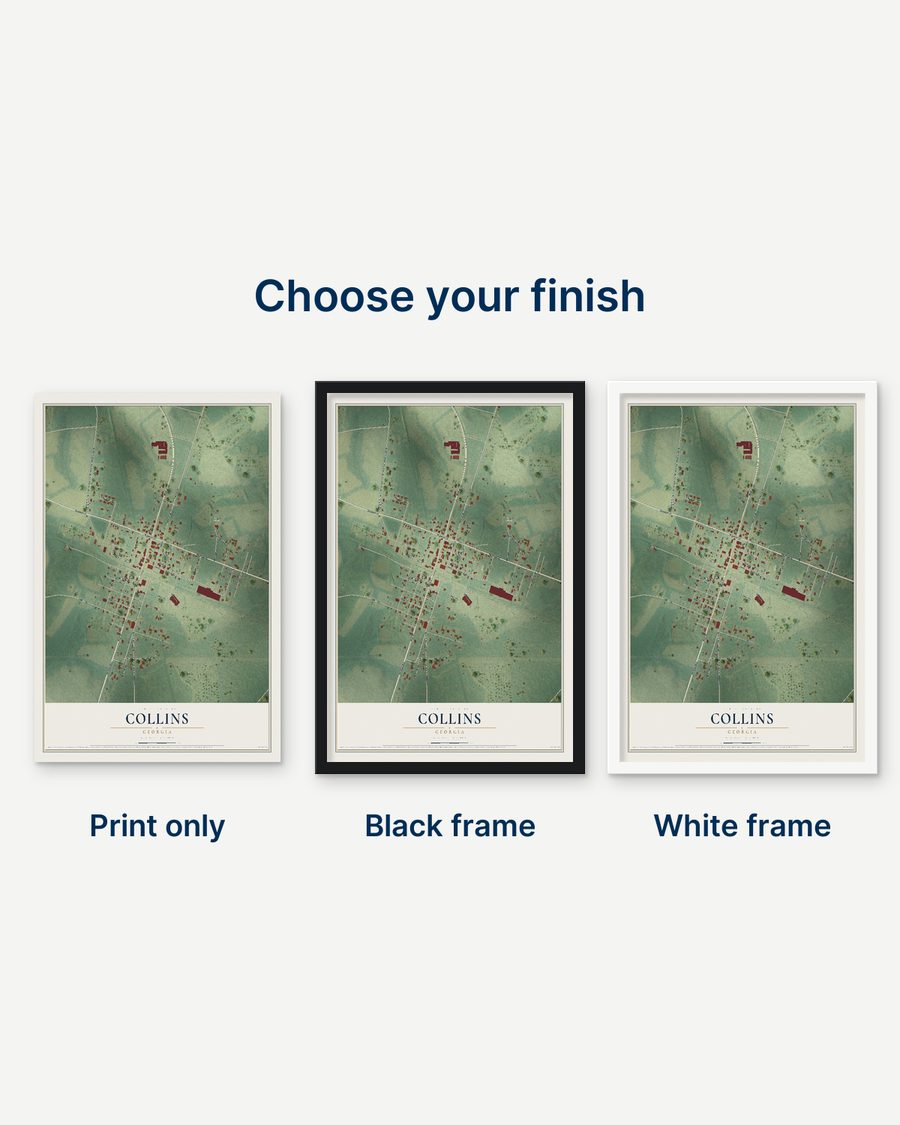 The Collins, Georgia map as a print only, in a black frame and in a white frame
