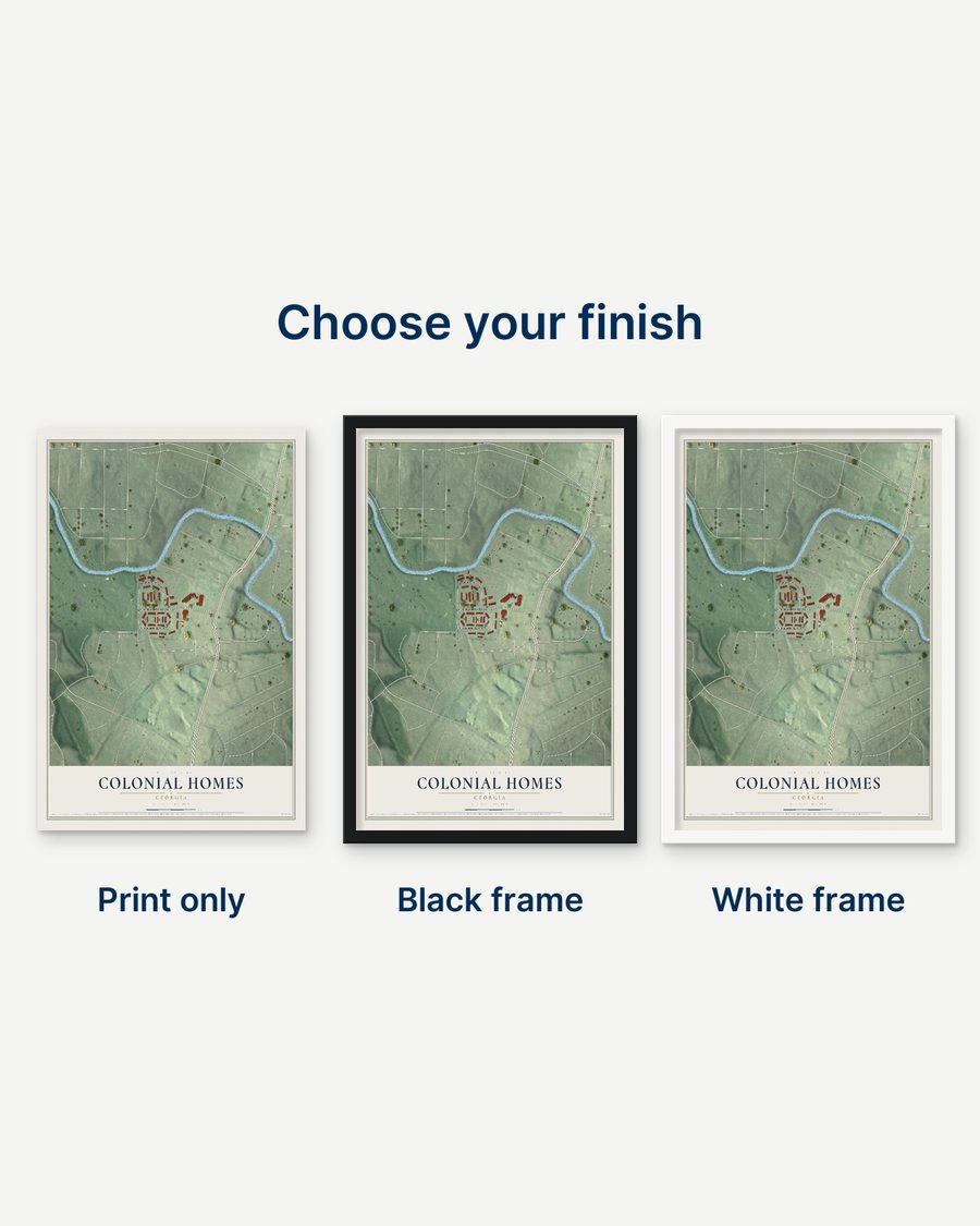 The Colonial Homes, Georgia map as a print only, in a black frame and in a white frame