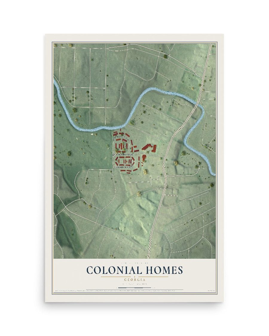 Colonial Homes, Georgia map print, 12 x 18 in, print only