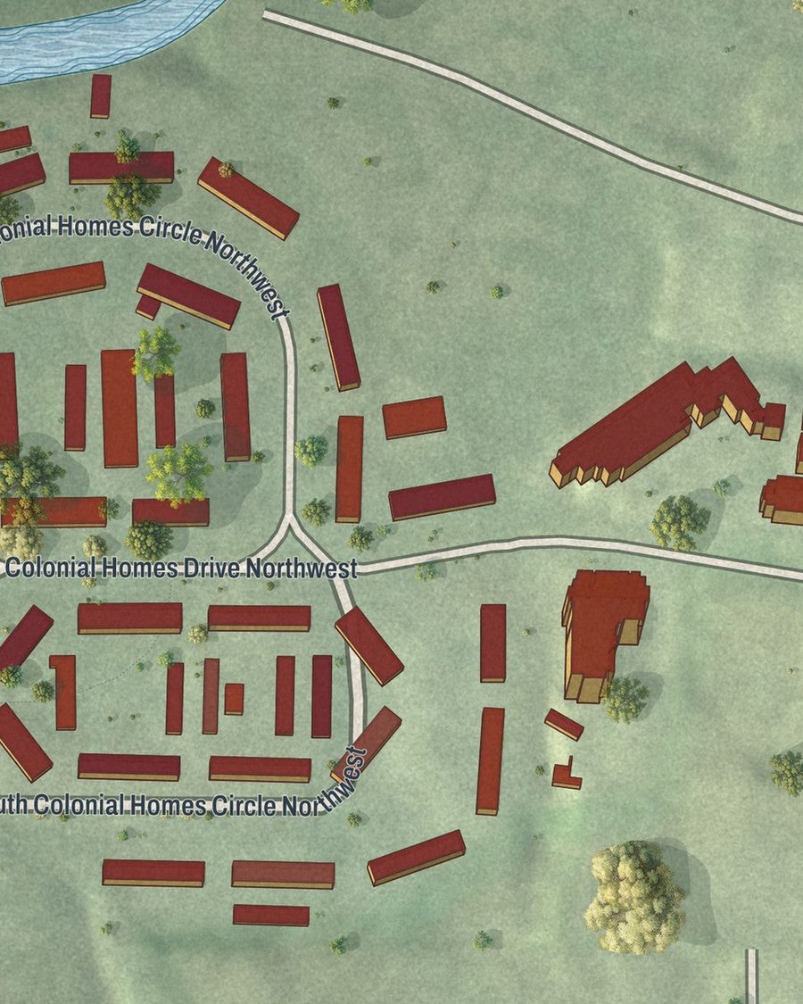 Close-up of Colonial Homes streets on the map