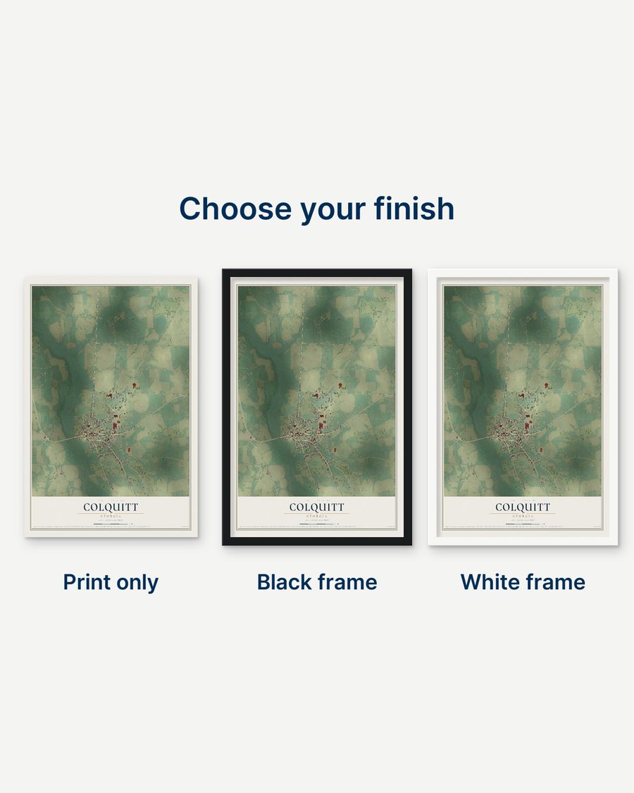 The Colquitt, Georgia map as a print only, in a black frame and in a white frame