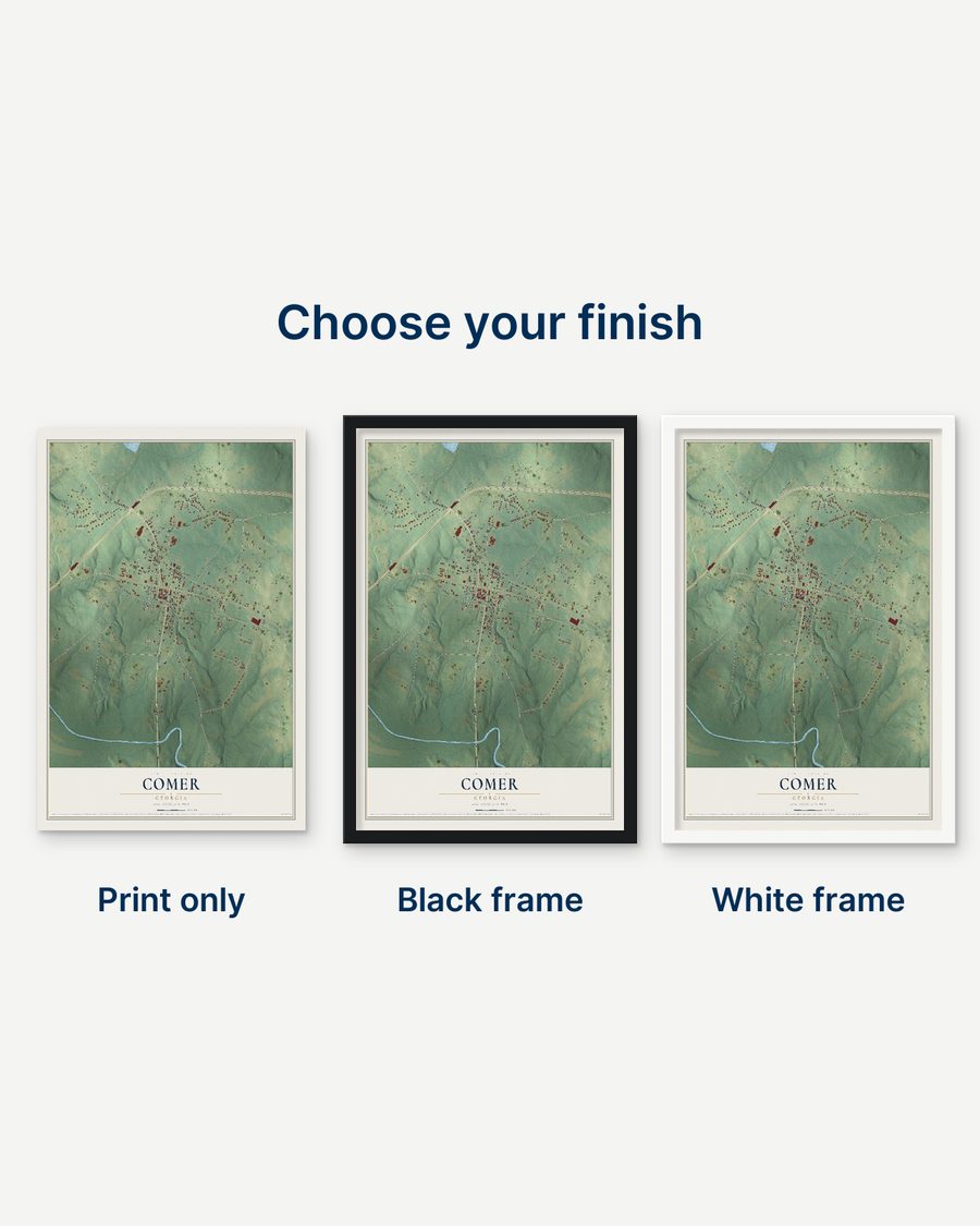 The Comer, Georgia map as a print only, in a black frame and in a white frame