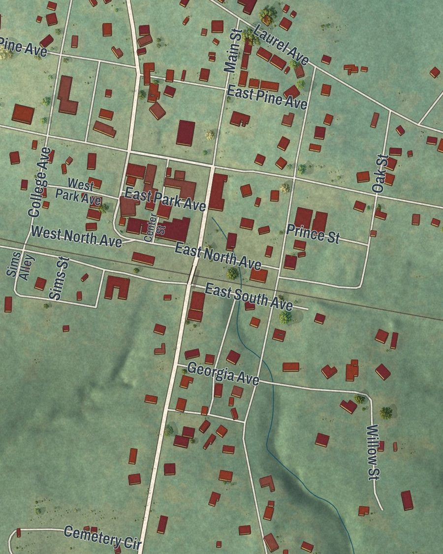 Close-up of Comer streets on the map