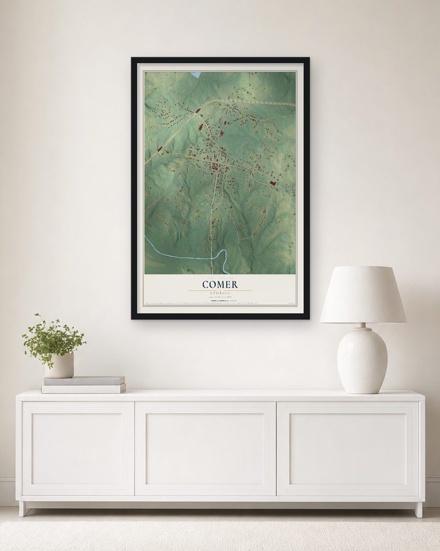 The Comer, Georgia map, 24 x 36 in, in a black wood frame on a living room wall