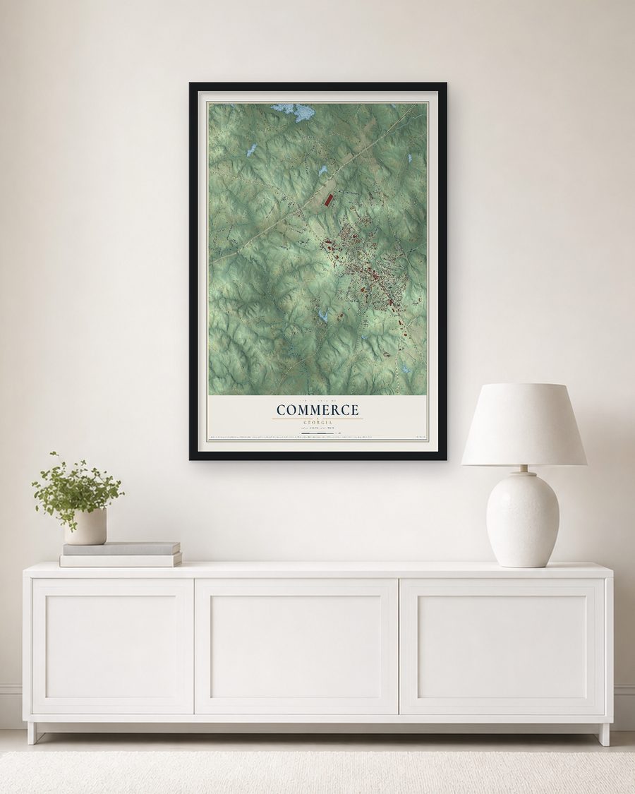 The Commerce, Georgia map, 24 x 36 in, in a black wood frame on a living room wall