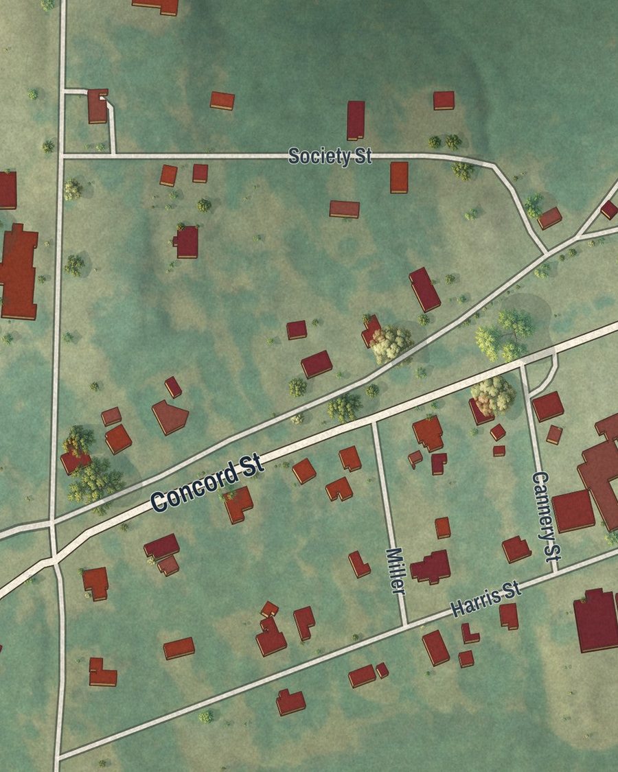 Close-up of Concord streets on the map