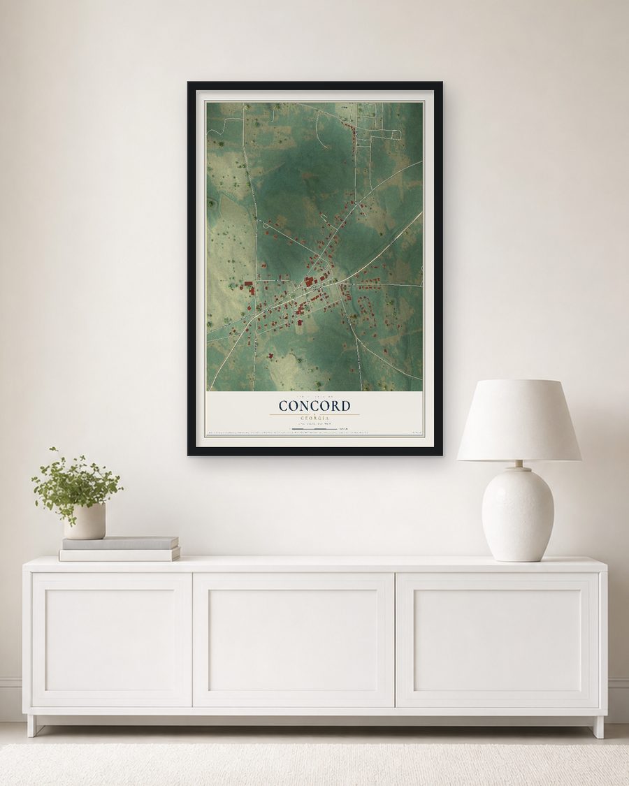The Concord, Georgia map, 24 x 36 in, in a black wood frame on a living room wall