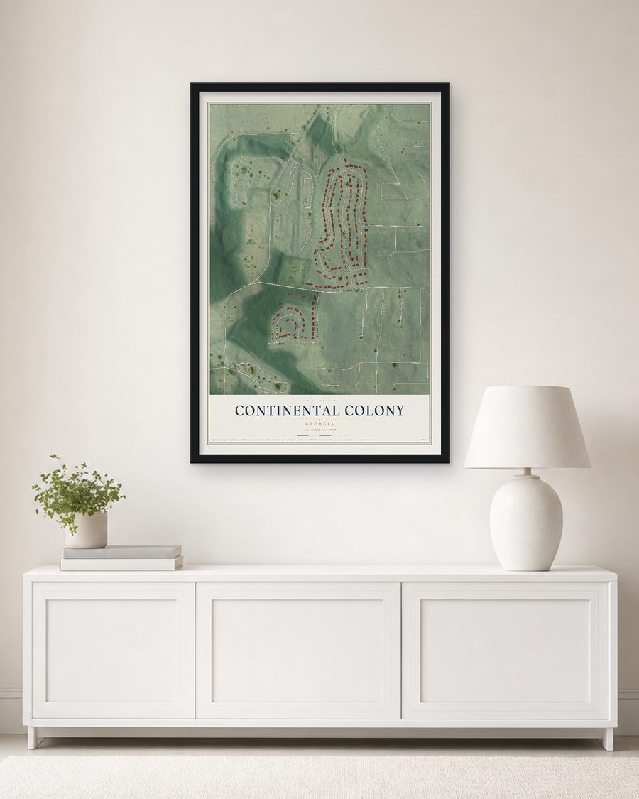The Continental Colony, Georgia map, 24 x 36 in, in a black wood frame on a living room wall