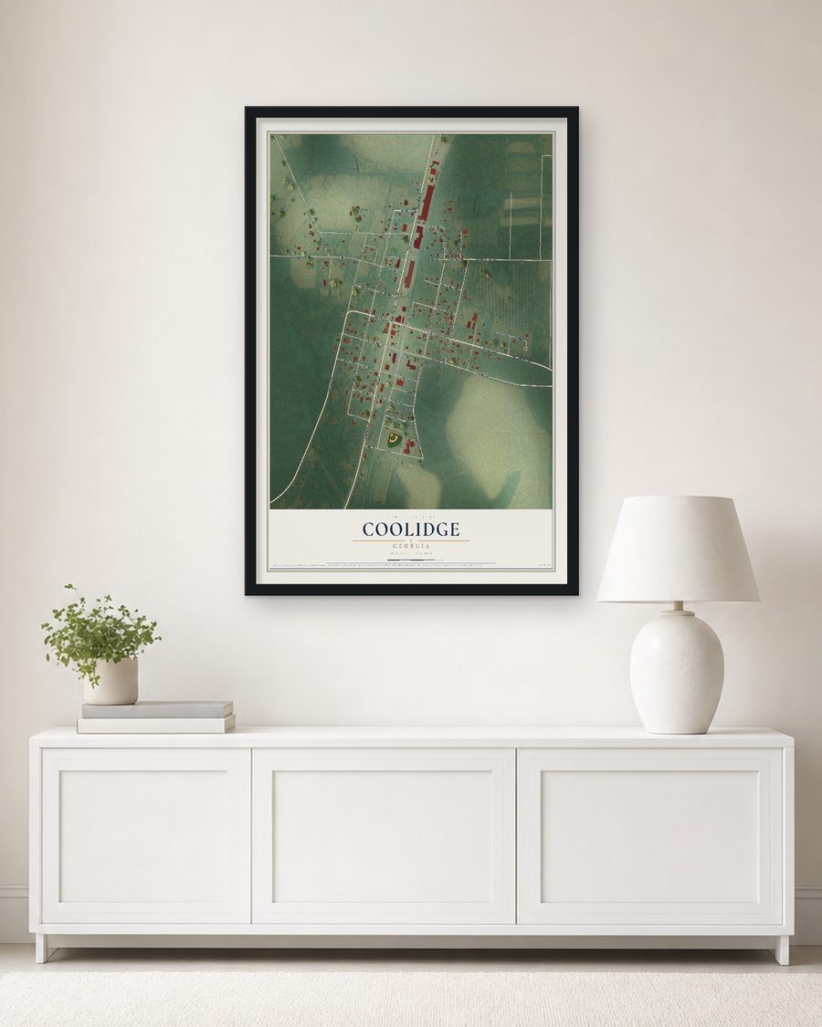The Coolidge, Georgia map, 24 x 36 in, in a black wood frame on a living room wall