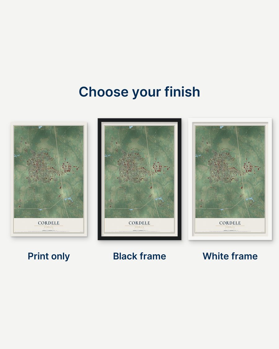 The Cordele, Georgia map as a print only, in a black frame and in a white frame