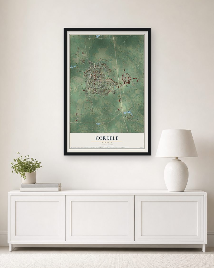 The Cordele, Georgia map, 24 x 36 in, in a black wood frame on a living room wall