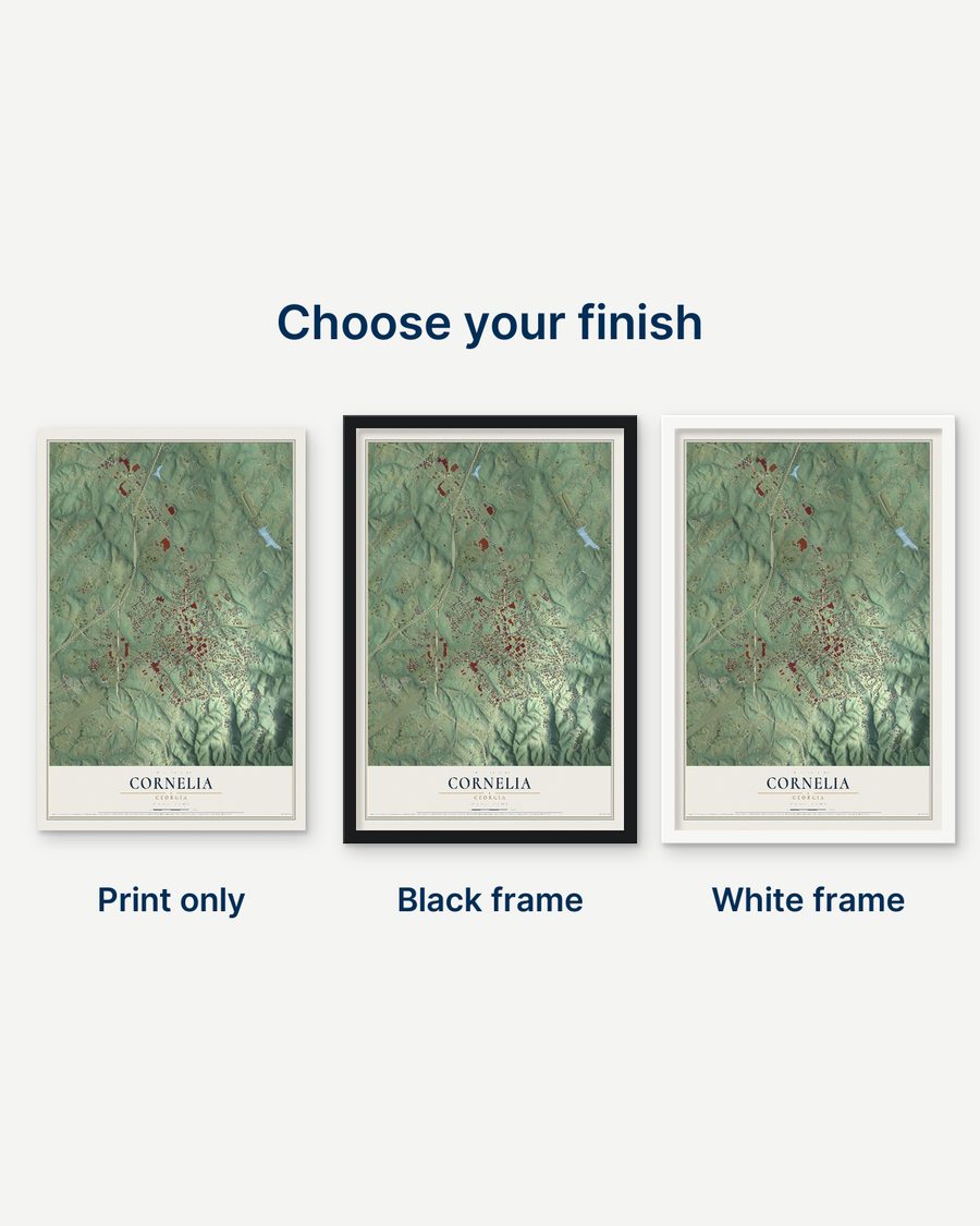 The Cornelia, Georgia map as a print only, in a black frame and in a white frame