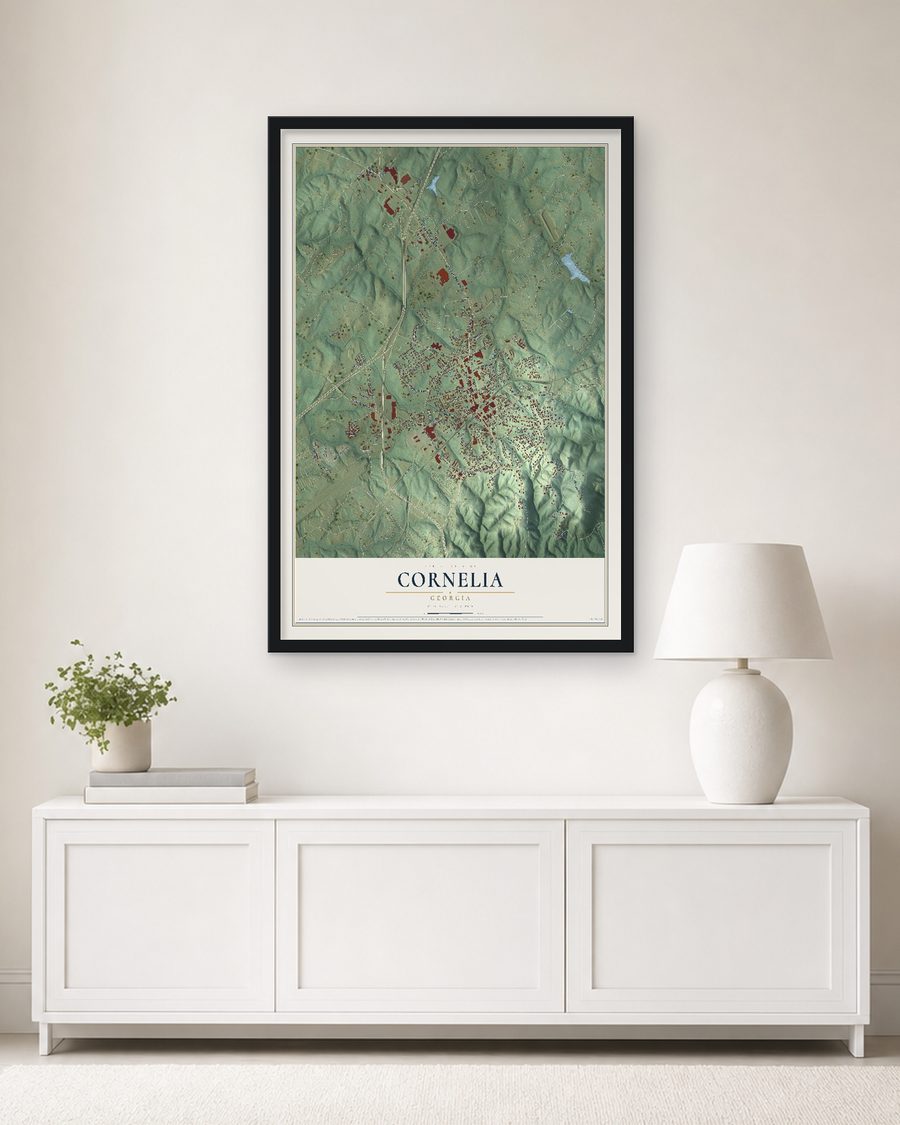 The Cornelia, Georgia map, 24 x 36 in, in a black wood frame on a living room wall