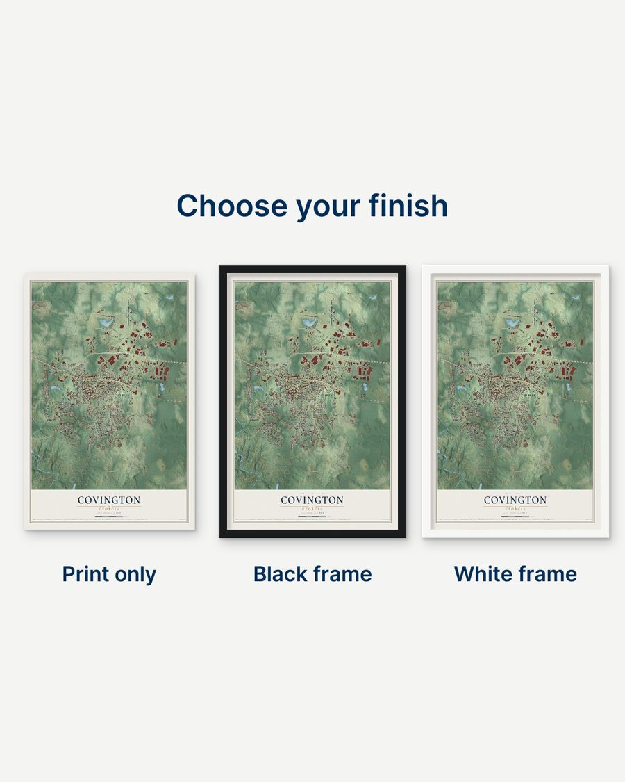The Covington, Georgia map as a print only, in a black frame and in a white frame