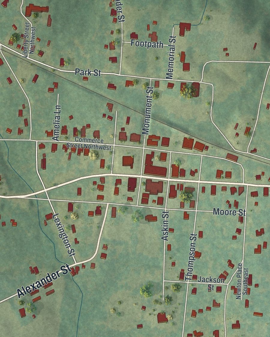 Close-up of Crawfordville streets on the map