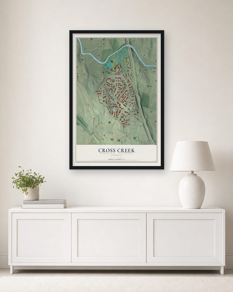 The Cross Creek, Georgia map, 24 x 36 in, in a black wood frame on a living room wall