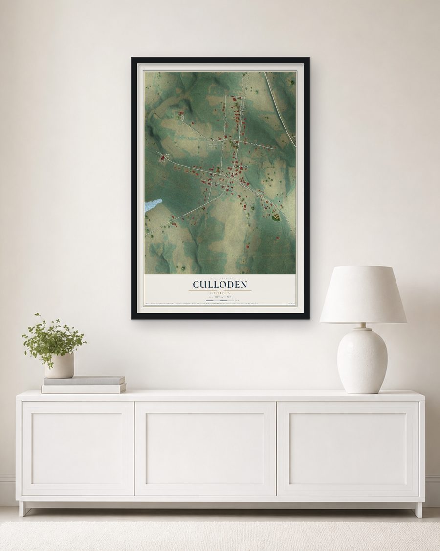 The Culloden, Georgia map, 24 x 36 in, in a black wood frame on a living room wall