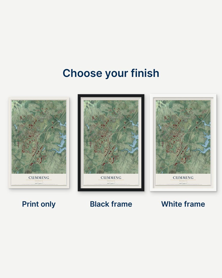 The Cumming, Georgia map as a print only, in a black frame and in a white frame