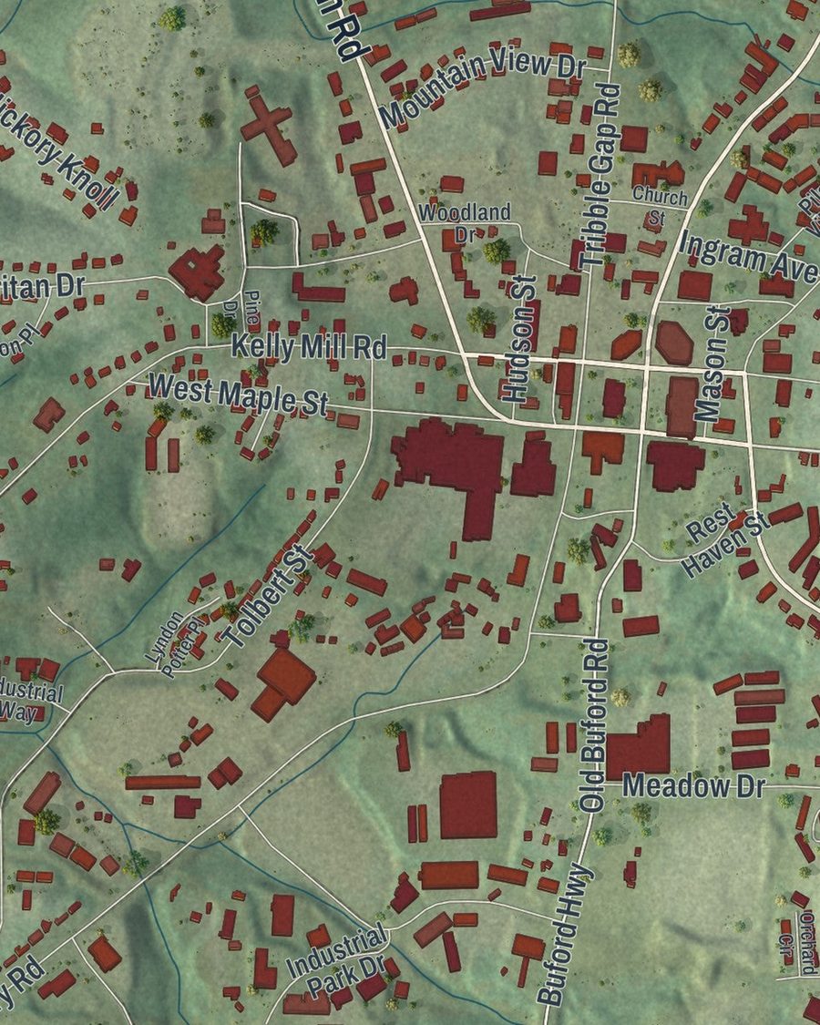 Close-up of Cumming streets on the map