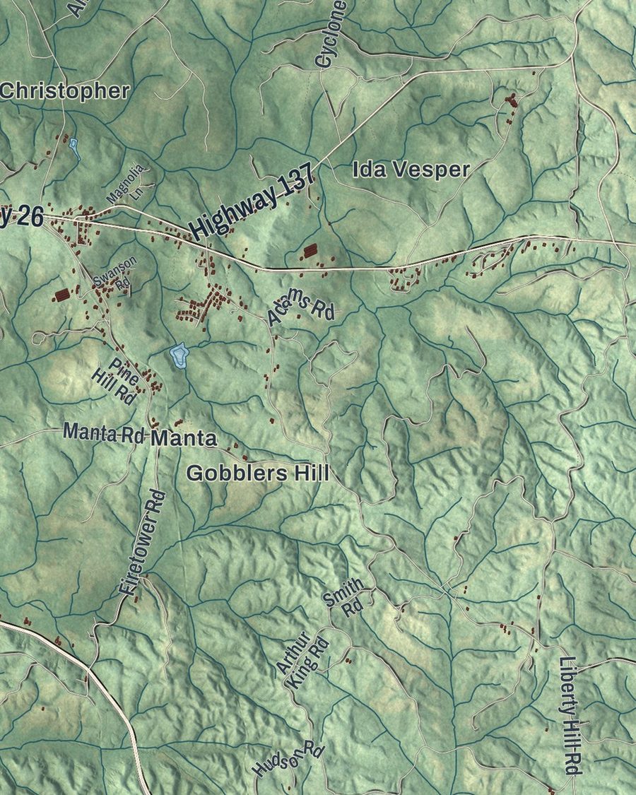Close-up of Cusseta-Chattahoochee County streets on the map