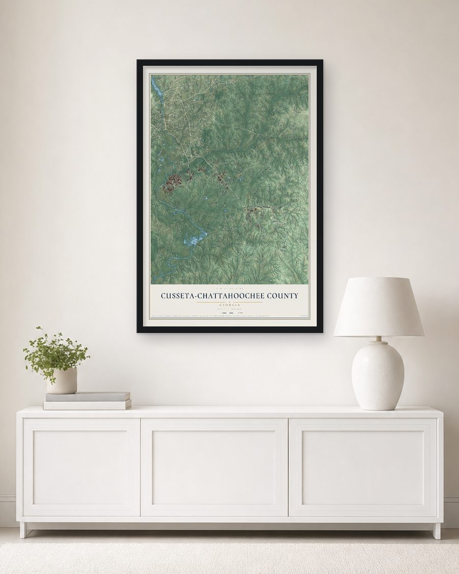 The Cusseta-Chattahoochee County, Georgia map, 24 x 36 in, in a black wood frame on a living room wall