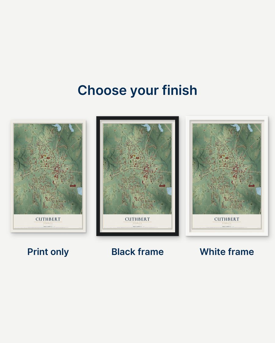 The Cuthbert, Georgia map as a print only, in a black frame and in a white frame