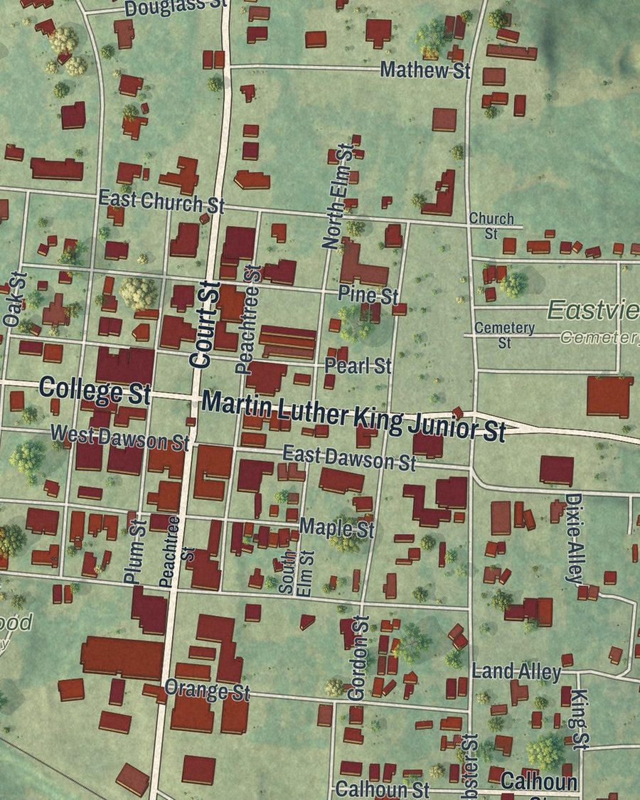 Close-up of Cuthbert streets on the map