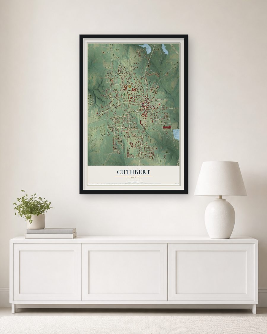 The Cuthbert, Georgia map, 24 x 36 in, in a black wood frame on a living room wall