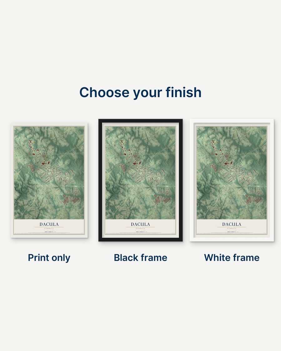 The Dacula, Georgia map as a print only, in a black frame and in a white frame