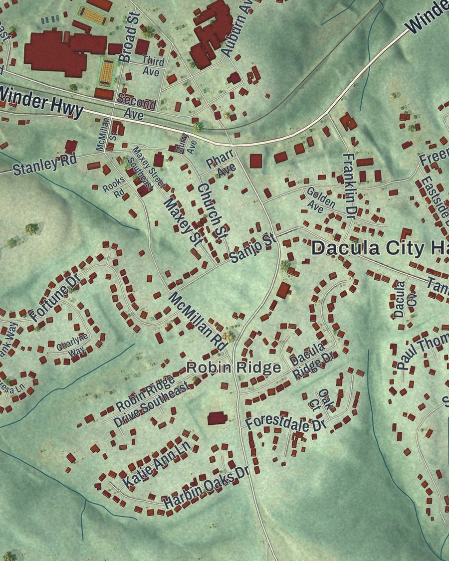 Close-up of Dacula streets on the map