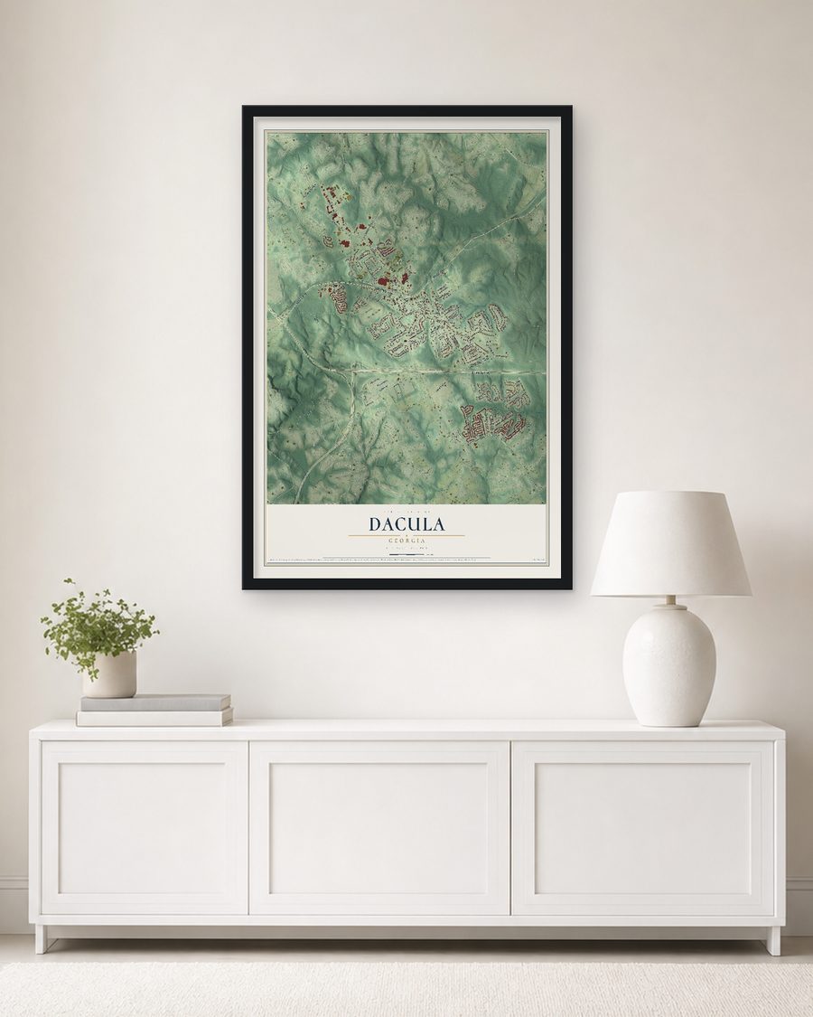 The Dacula, Georgia map, 24 x 36 in, in a black wood frame on a living room wall