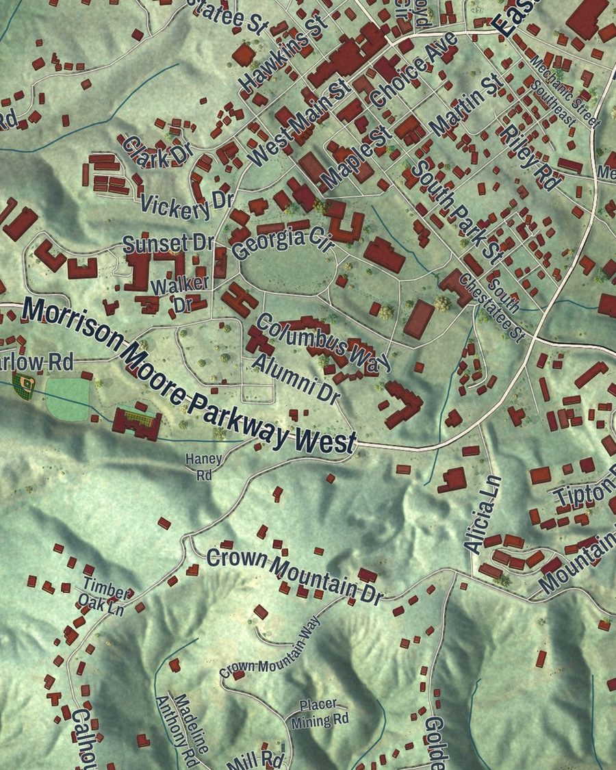 Close-up of Dahlonega streets on the map