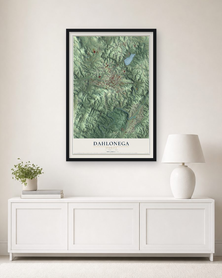 The Dahlonega, Georgia map, 24 x 36 in, in a black wood frame on a living room wall