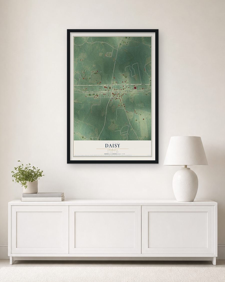 The Daisy, Georgia map, 24 x 36 in, in a black wood frame on a living room wall
