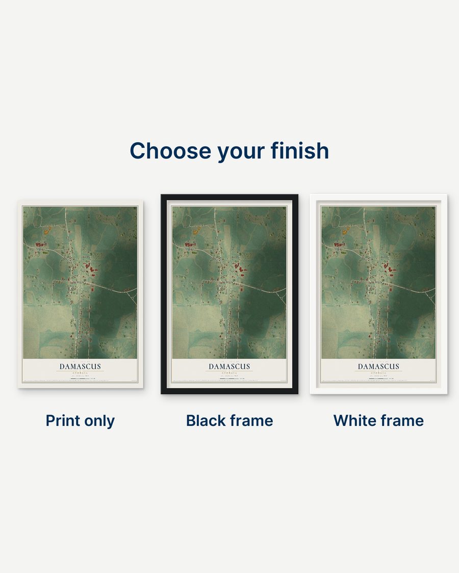 The Damascus, Georgia map as a print only, in a black frame and in a white frame