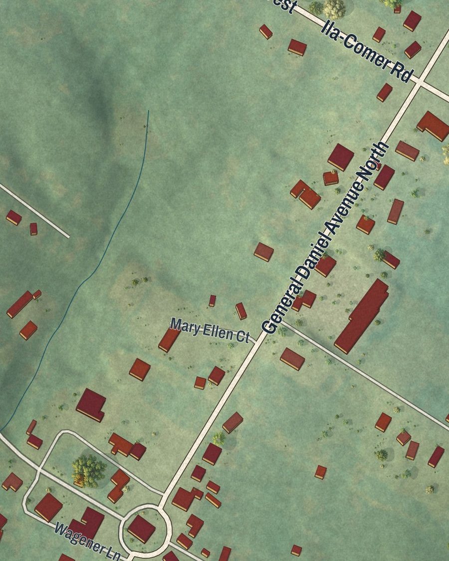 Close-up of Danielsville streets on the map