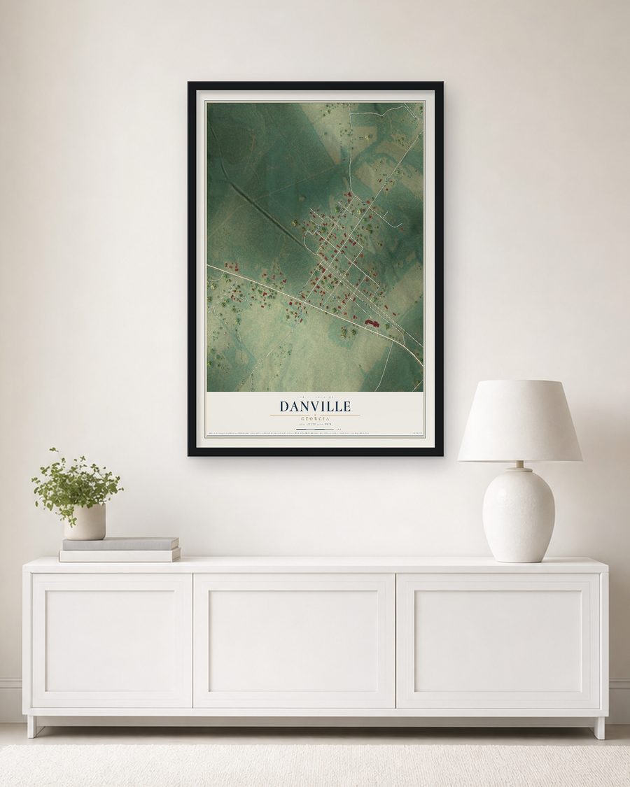 The Danville, Georgia map, 24 x 36 in, in a black wood frame on a living room wall
