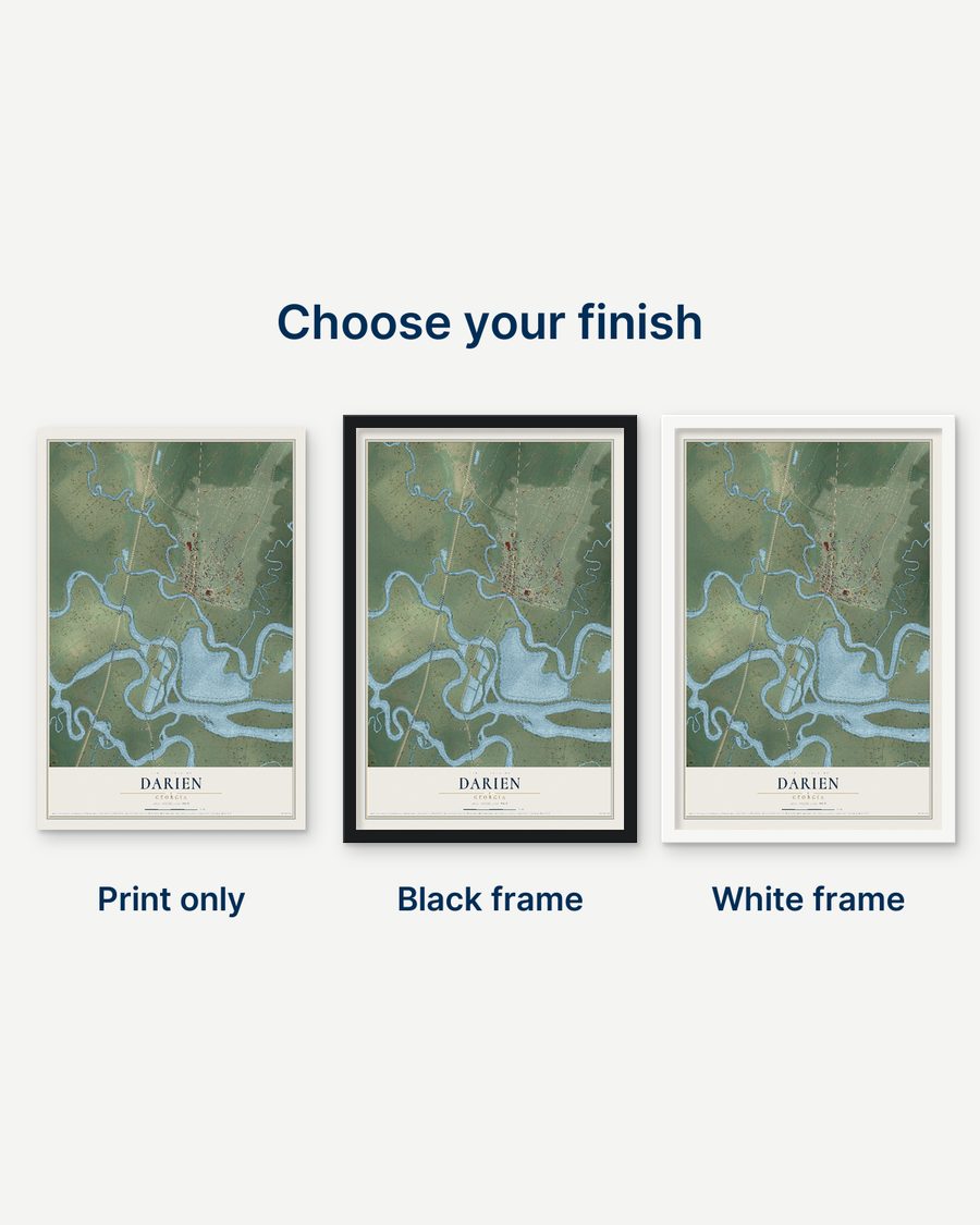 The Darien, Georgia map as a print only, in a black frame and in a white frame
