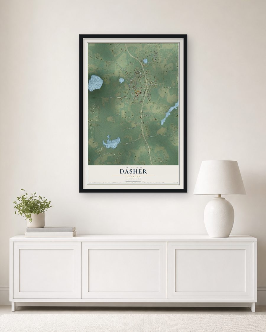 The Dasher, Georgia map, 24 x 36 in, in a black wood frame on a living room wall