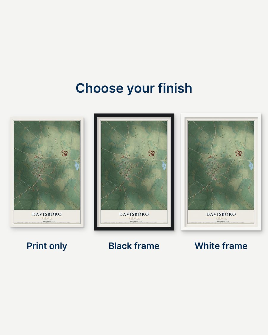 The Davisboro, Georgia map as a print only, in a black frame and in a white frame