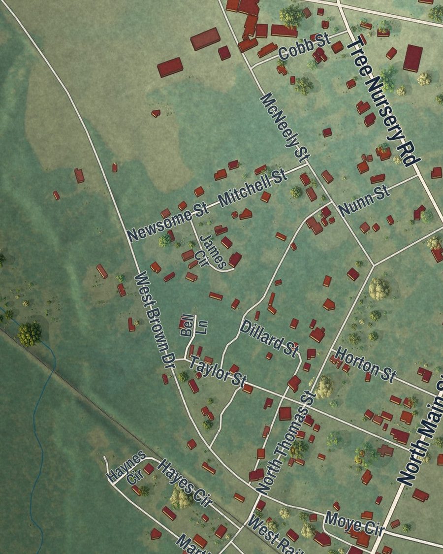Close-up of Davisboro streets on the map