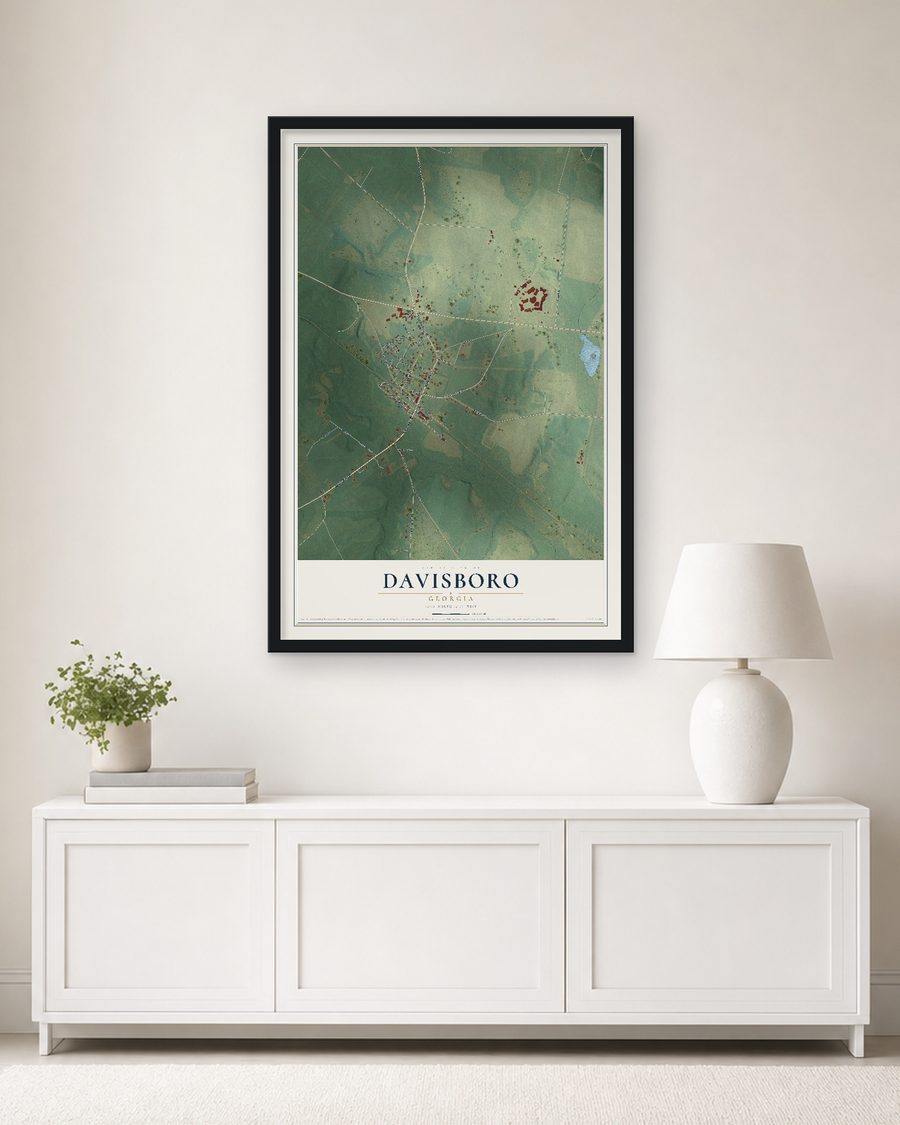 The Davisboro, Georgia map, 24 x 36 in, in a black wood frame on a living room wall