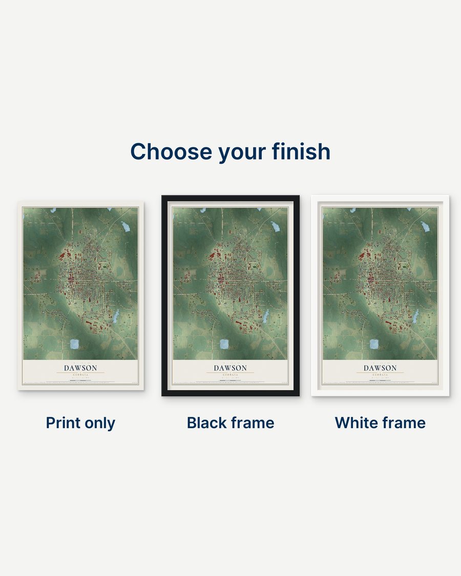The Dawson, Georgia map as a print only, in a black frame and in a white frame