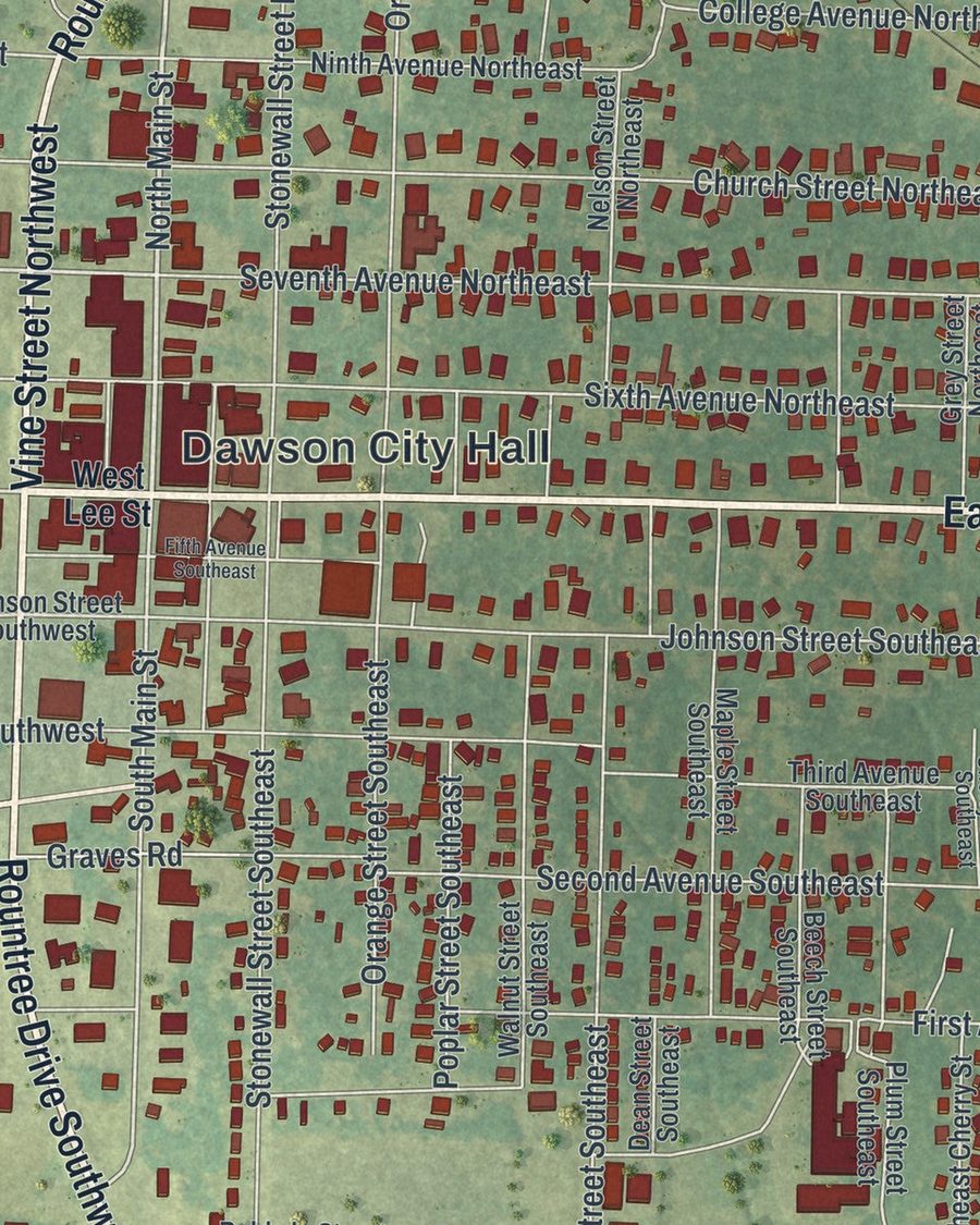 Close-up of Dawson streets on the map